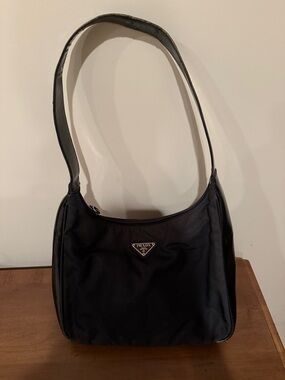 Prada Black Nylon Shoulder Hobo Bag with Triangle Logo